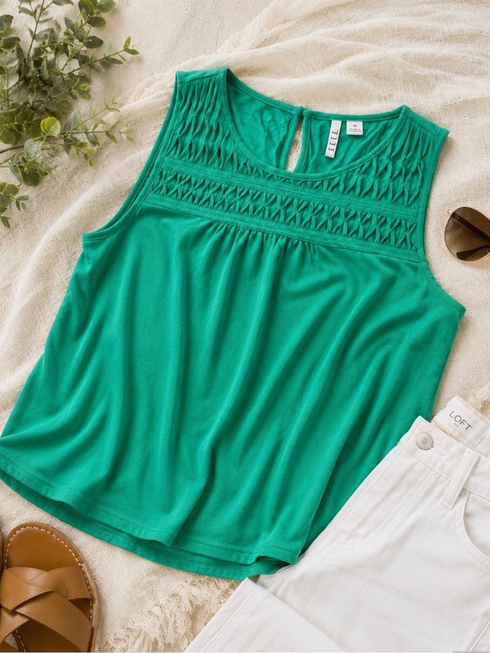 LOFT Elle Teal Smocked Yoke Tank Top XL